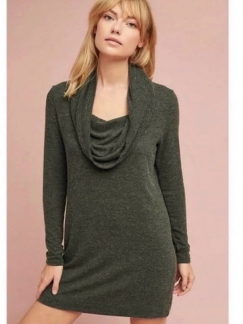 Anthropologie Michael Stars Cowl Neck Long Sleeve Sweater Dress - Olive